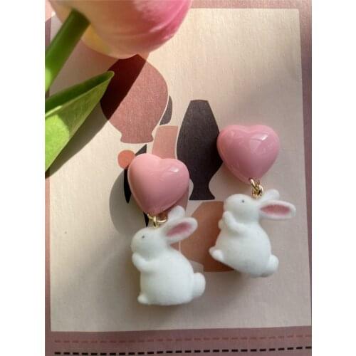 Cute Pink Fuzzy Rabbit Earrings for Girls Female Korean Fashion Unusual Ear Rings Jewelry Lovely Animal Heart Earings Party Cool