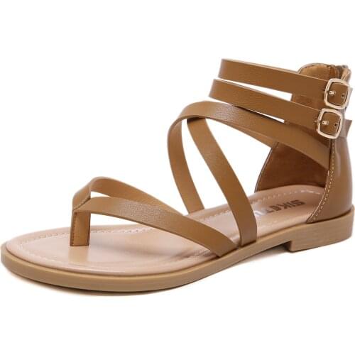 2021 Summer Ankle Strap Women Flat Sandals Shoes Women Casual Gladiator Sandals Flip Flop Soft Rome Shoes Black Beige