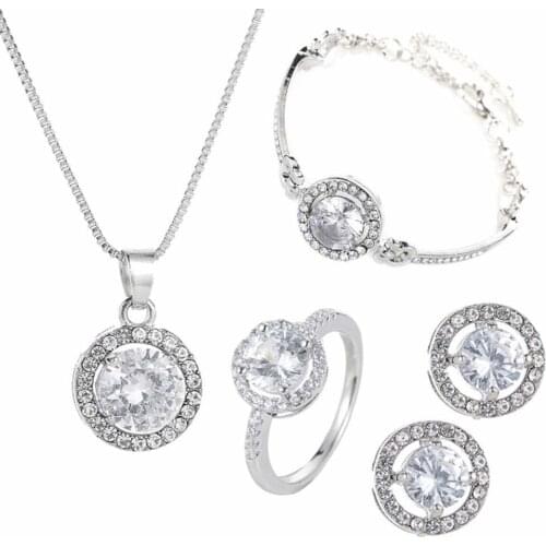 Wedding Bridal Jewelry Set Round Cubic Zirconia Necklace Bracelet Ring Earrings