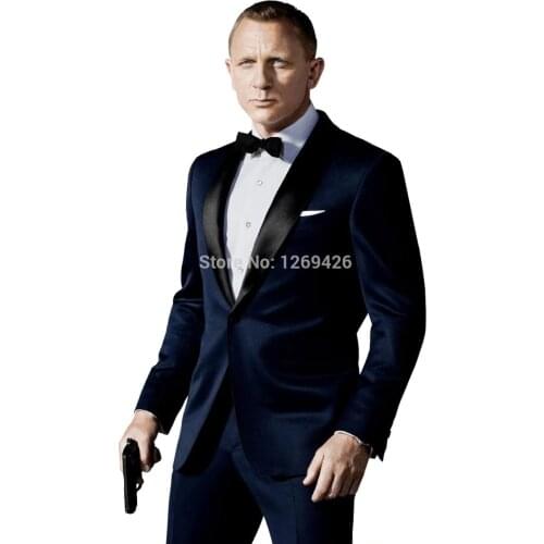 Custom Made Dark Blue Tuxedo Inspired By Suit Worn In James Bond Wedding Suit For Men Groom Jacket Pants Bow black