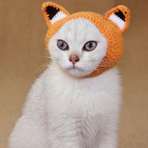 Knitted Pet Costume Funny Cap Fox Ear Neck And Ear Keep Warm Hood For Pet Crochet Dog Hat For Cats Puppies