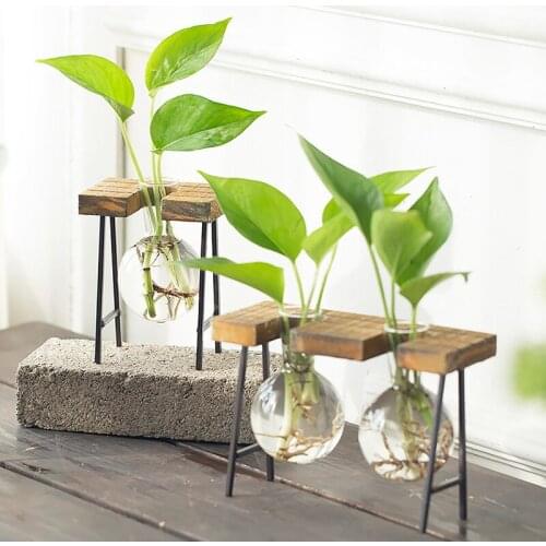 Home Table Decoration Hydroponic Glass Water Planter Bulb Vase With Retro Wooden Stand Office Desktop Wedding Decor