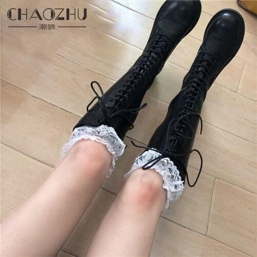 CHAOZHU Japanese Kawaii Lolita Girls Long Summer Thin Lace Top Stockings Grunge Boots Accessories Footwear Anime White Black