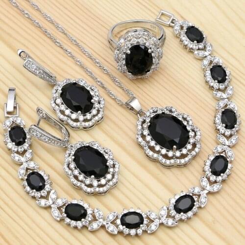 Punk Jewelry For Girls 925 Silver Jewelry Sets Black Cubic Zirconia White Crystal Ring Bracelet Necklace Pendant Earrings Sets