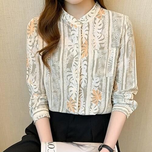 Retro Stand Collar Floral Blouse Chiffon Long-sleeved Button Elegant Slim Shirt Top Woman Autumn 2021 Casual Woman Clothes 16386