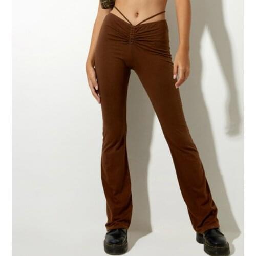 Female Fashion Stylish Bottoms Solid Ruched Cut Out High Waist Wraped Long Trousers Women Stretch Lace Up Slim Pants Club Street