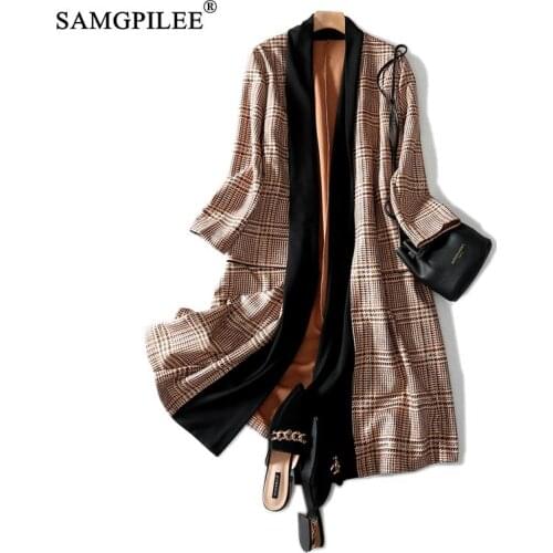 Long Trench Coat 2020 Casual Women Outerwear Broadcloth Nine Quarter Sleeve Long V-neck Open Stitch Slim Plaid Trench Coat Women