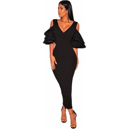 2018 Vestidos De Mujer Sexy Clothing Ladies Dresses Black Tiered Sleeve Cold Shoulder Bodycon Dress Summer