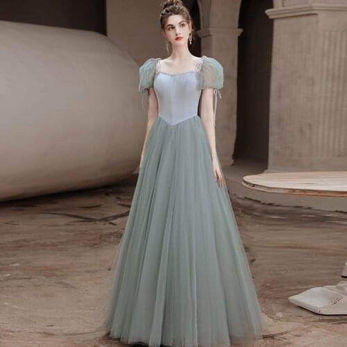 Evening Dress Square Collar Pleat A-Line Simple Fashion Empire Foor-Length Short Sleeves Tulle Woman Formal Party Gowns A1457