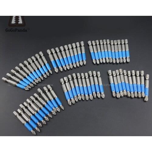 10Pcs/Lot 50mm GCr15 Pozidrive Bits Hex Shanked Anti Slip Screwdriver Bits Magnetic Single Head PZ1 / PZ2 / PZ3 PH 1 2 3