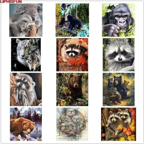 LIPHISFUN Handmade Cross Stitch Embroidery Diamond Painting Full Drill Home Decor Square/round animal coon bear tiger