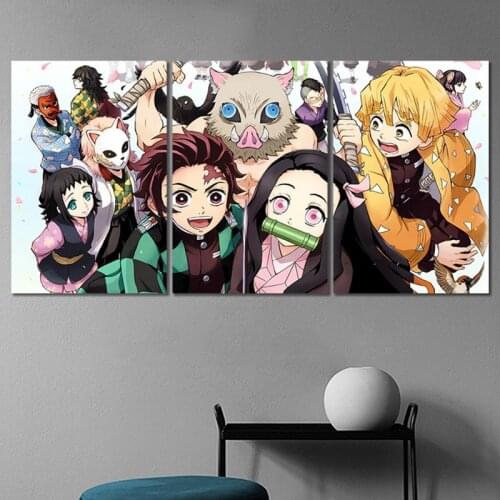 Anime Demon Slayer 3 Pieces Kimetsu No Yaiba Oil Painting Canvas Decor Manga Characters Collection Poster Home Wall art