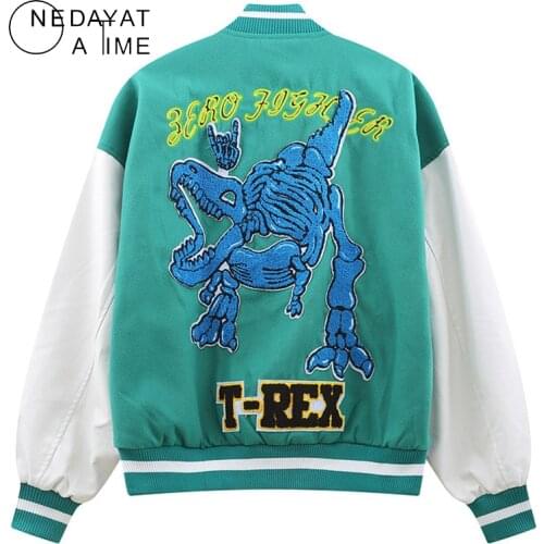 Hip Hop Baseball Jacket Men Embroidery Dinosaur Streetwear Bomber Varsity Jackets Fashion Casual Loose College Coats Tops 2021