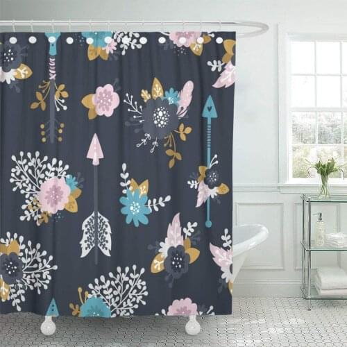 Floral Flowers Arrows Feathers Branches and Gold Boho Pattern Shower Curtain Waterproof Polyester Fabric 72 x 72 Inches