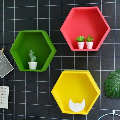 Wooden Wall Hanging Hexagonal Storage Rack Display Holder Shelf for Office Home
