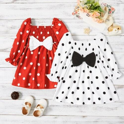 PatPat Toddler Girl Polka dots Square Neck Bowknot Design Long-sleeve Smocked Dress