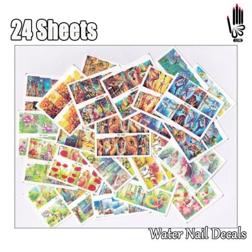 Nail 24Sheets/Lot Mixed 24 Designs Full Cover Blue and Green Painting Nail Art Water Sticker Decal For Nail Art Decoration 24-12