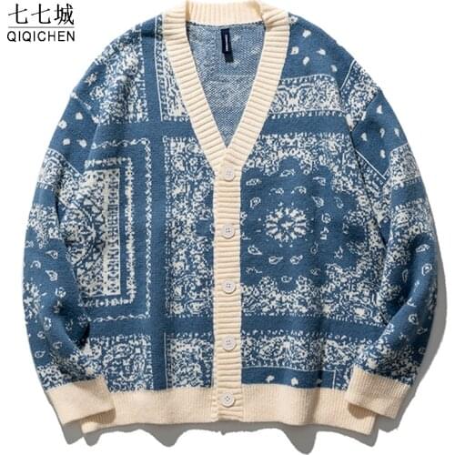 Cashew Flowers Cardigan Sweater Men Women Hip Hop Harajuku Sweaters Couple Kniting Vintage Japanese Oversized Streetwear