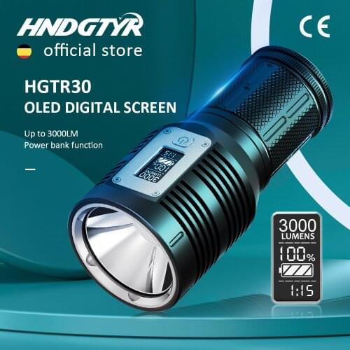 HNDGTYR Rechargeable Flashlight GTR30 Real 3000 Lumens OLED Digital Display Rainproof USB-C Charging 10400mAh with Power Bank
