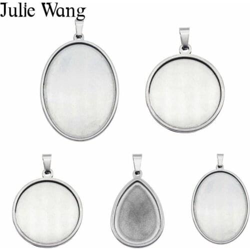 Julie Wang 5PCS Stainless Steel Bezel Cabochon Base Settings Mixed Oval Round Teardrop Blank Tray Jewelry Making Accessory