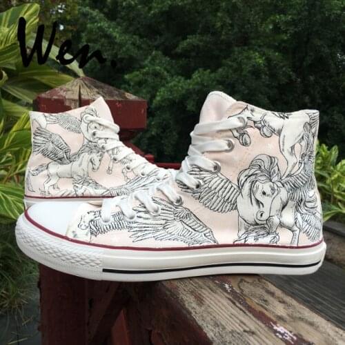 Wen Design Hand Painted Shoes White Unicorn Pegasus Wings Canvas High Top Athletic Shoes Light Pink Women Men Sneakers