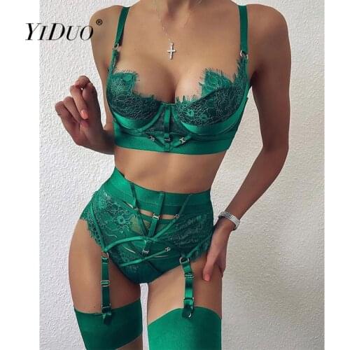 YiDuo Garter Lingerie Sexy Bra Womens Underwear Set Lace Bandage Lingerie Set Fashion Green Push Up Lenceria 3 Piece Set Club