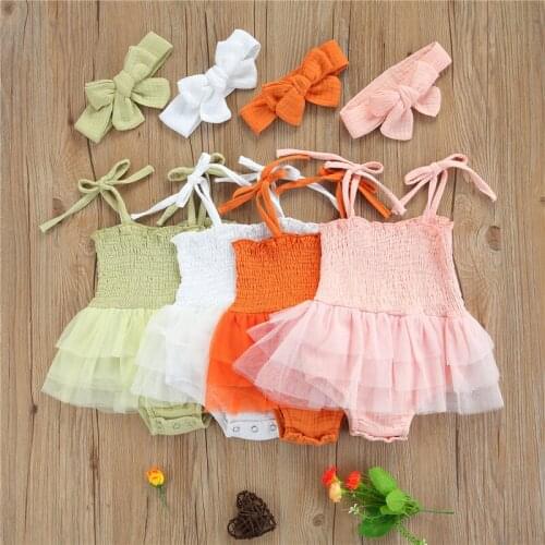 Summer Newborn Outfits Baby Girls Tie Up Solid Color Boat Neck Spaghetti Strap Tulle Bodysuit+ Bowknot Headband Sunsuits