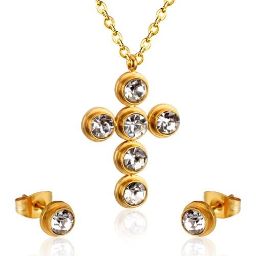 LUXUKISSKIDS Jewelry Set Women Cross AAA Crystal Pendant Chain Necklace Stainless Steel Dubai African Jewelry Sets Christmas