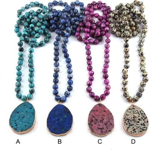 MOODPC Fashion Jewelry Spots Semi Precious Stones Long Knotted Stone Drop Pendant Necklaces Women Ethnic Necklace