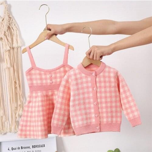 Girls Sweater Set 2021 Fashion Princess Korean Style Childrens Fall Plaid Winter Toddler Girl Clothes Casual Party Kids Outfits