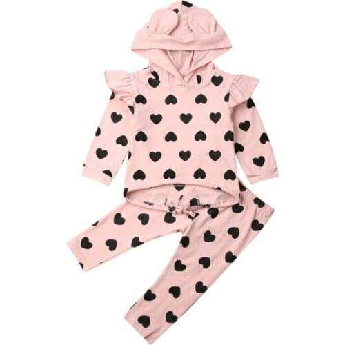 New Autumn New Toddler Kid Baby Girl Clothes Set Heart Print Top Ear Hooded Pullover+Trousers Pants Legging Cotton Clothes 1-5Y