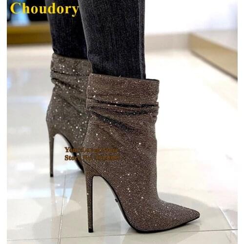 Choudory Bling Bling Stiletto Heels Ankle Boots Pleated Pointy Toe Nightclub Booties Glitter Rhinestone Wedding Shoes Dress Pump