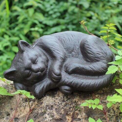 Antique Black Cast Iron Sleeping Cat Statue European Home Garden Decor Heavy Metal Cat Figurines Farm House Rustic Cat Sculpture