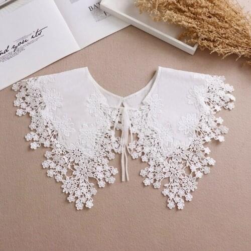 Women Girls White Detachable Doll Fake Collar Shawl Wrap Hollow Out Floral Cross Embroidery Necklace Mini Cape Decorative Dicke