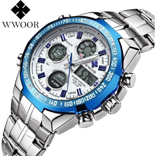 WWOOR Mens Watch Luxury Top Brand Luxury Men Sports Quartz Watches LED Digital Full Steel Male Army Military Relogio Masculino