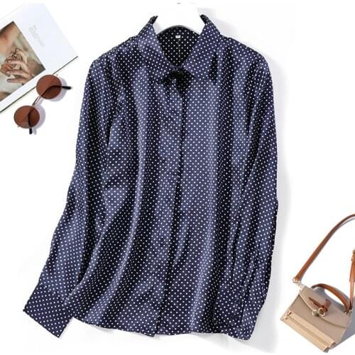 Womens 100% Mulberry Silk Satin Silk navy dots Button down long sleeve shirt Top Blouse Collared office work JN598