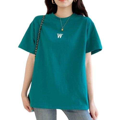 Women New Arrival Short Sleeve T Shirt Summer Loose Embroidered W Harajuku Cotton Crew Neck Green Tees Tops