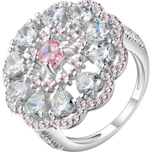 UFOORO Female Pink Austrian Crystal Flower Rings White Gold Filled Jewelry Amazing Big Wedding Engagement Rings For Women Gifts
