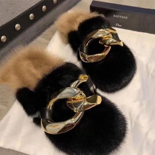 2021 Ladies New High Quality 100% Mink Slippers Fur Flat Shoes Household Fur Slippers Loafers