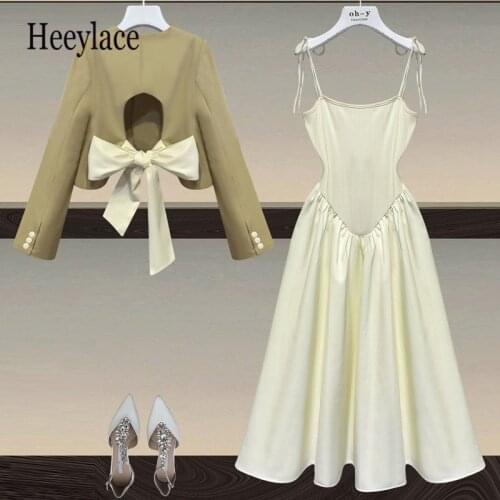 Plus Size Women Autumn Office Ladies Elegant Two Pieces Set French Vintage Hollow Out Coats And Sundress Suits Korean Outfits