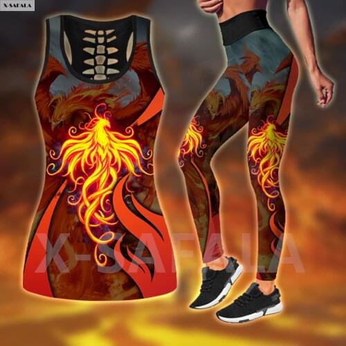 Phoenix Power 3D Printed Women Combo Two Piece Yoga Set Vest Hollow Out Tank Top High Waist Legging Summer Casual Sport