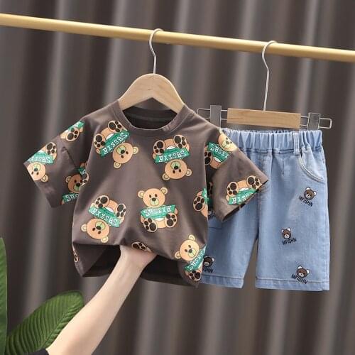 0-5 Years Summer Kids Toddler Boys Clothes Set Baby Girls Clothing Bear Print Cotton T-Shirt+Denim Shorts Infant Child Outfits