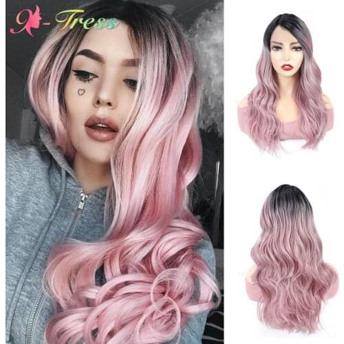 X-TRESS Ombre Pink Synthetic Lace Front Wigs for Black Women Dark Roots Medium Length Daily Cosplay Wig Heat Resistant Fiber
