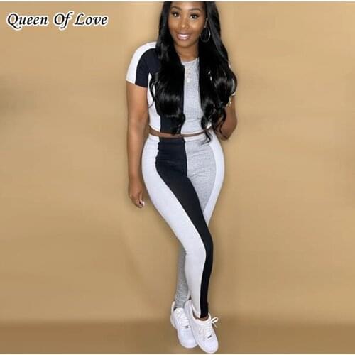Two Piece Women Short Sleeve Crop Top And Fitness Matching Set 2021 Summer Casual Knitted Striped Tracksuit Pants Outfits