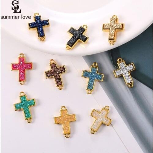 10PCS Golden Cross Resin Stone Bracelet Connector Jewelry Findings Diy Mini Druzy Pendant Charm Make Necklace Earrings Accessory