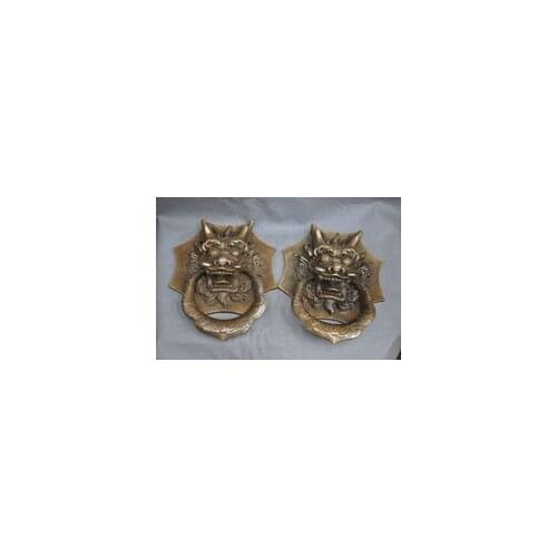 2pcs CopperHome Fengshui brass Foo Dog Dragon Kylin Door Holder Gate Knockers Garden Decoration 100% Tibetan silver brass