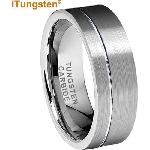 8MM Tungsten Men Ring Women Wedding Band With Offset Line Brush Finish Comfort Fit Engagement Ring