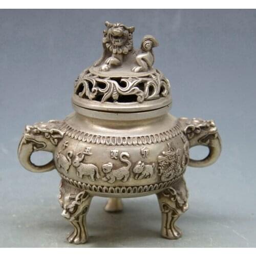 Exquisite Chinese Classical Antique Imitation White Copper Auspicious Chinese Twelve Zodiac Animals Statues Censer
