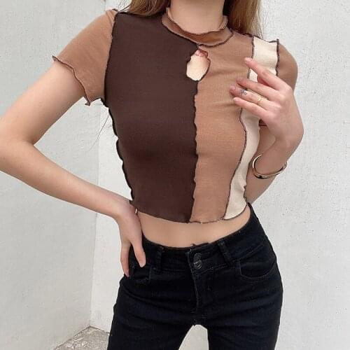 Summer Patchwork Hollow Out Frill Casual Crop Top T Shirts Women Brown Short Sleeve T-shirt 90s Fashion Sexy Streetwear Clothes