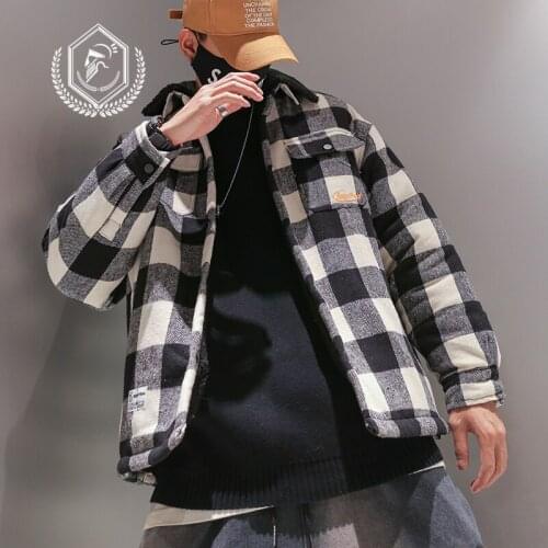 Men Fashion Loose Plaid Print Fleece Heavyweight Jacket Casual Hip Hop Parkas Coat